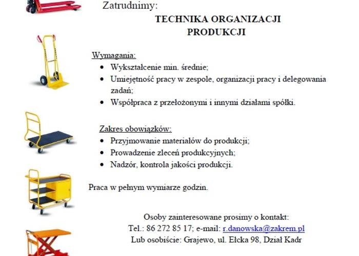Grajewo ogłoszenia: Zatrudnimy: TECHNIKA ORGANIZACJI PRODUKCJI